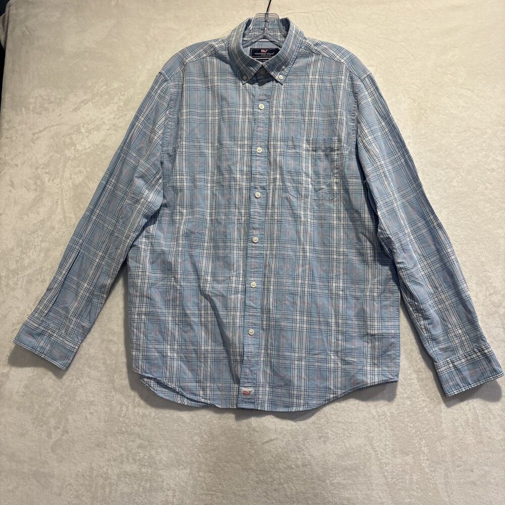 Vineyard Vines Classic Fit Murray Shirt Men's Large Linen Blend Blue Pink Plaid